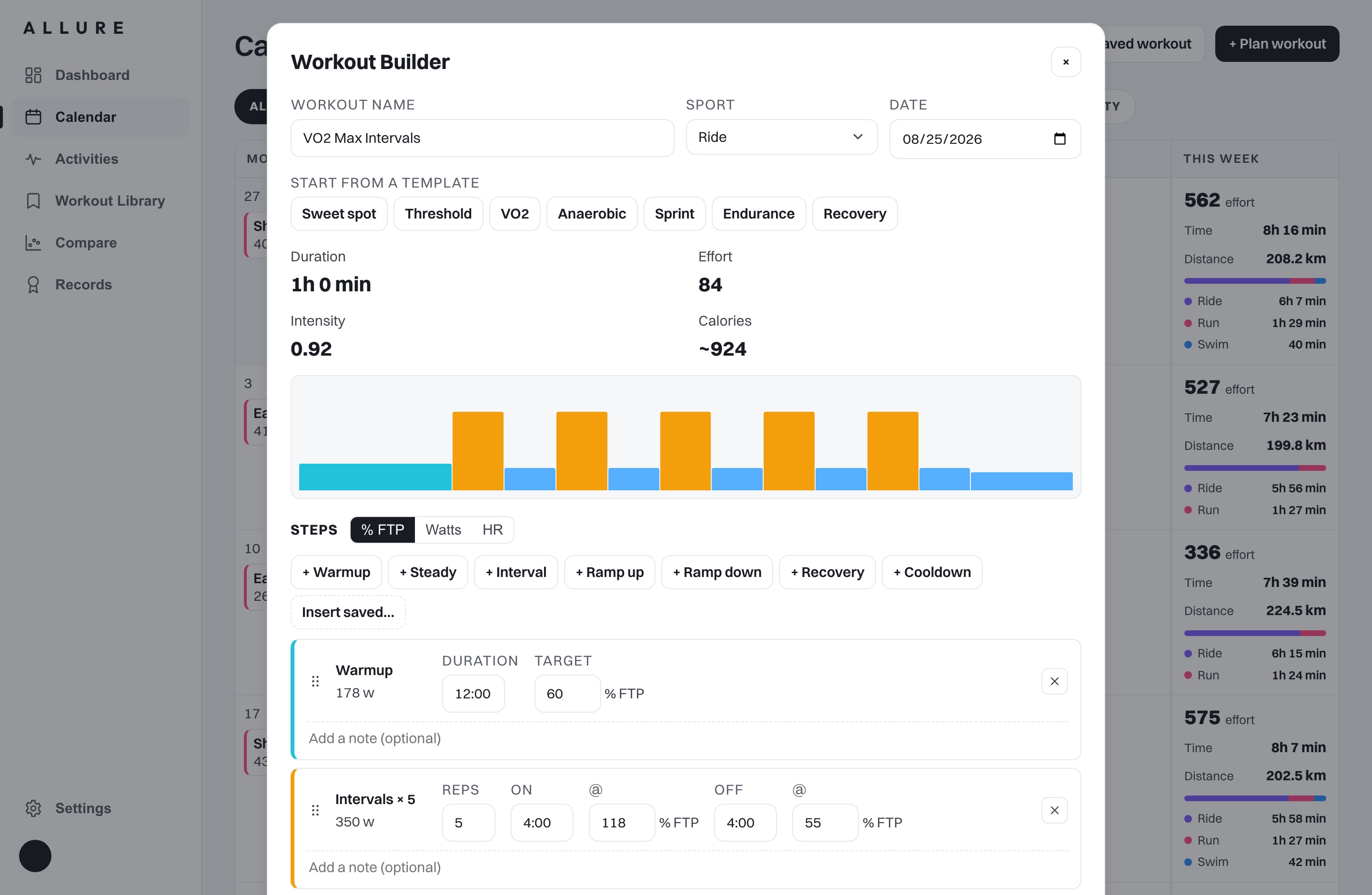 OSO workout builder: structured intervals, ramps, targets from your own zones, templates, notes and a saved-block library