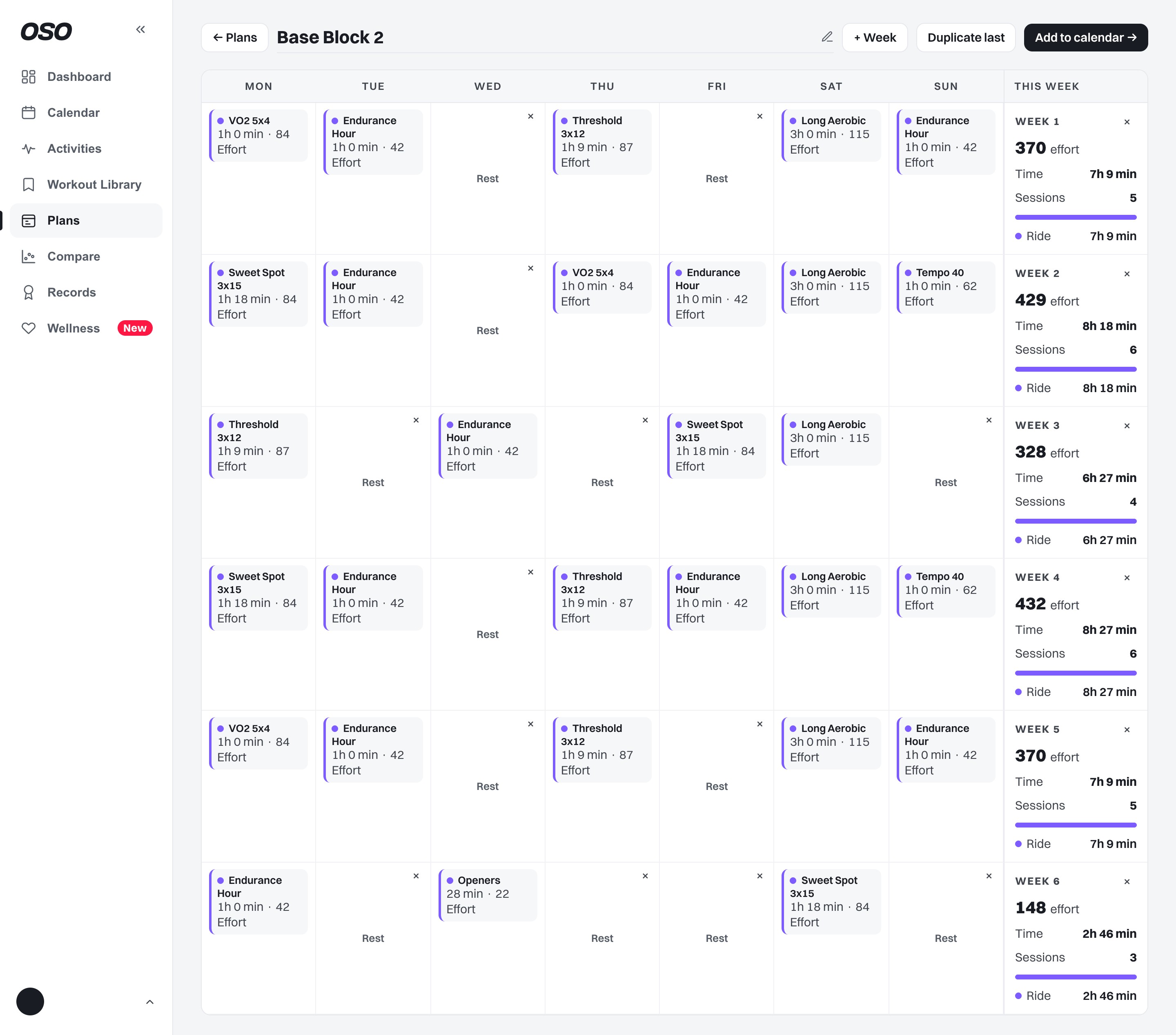 OSO plans: a weeks-by-days block of workouts built from your own library, ready to drop onto the calendar