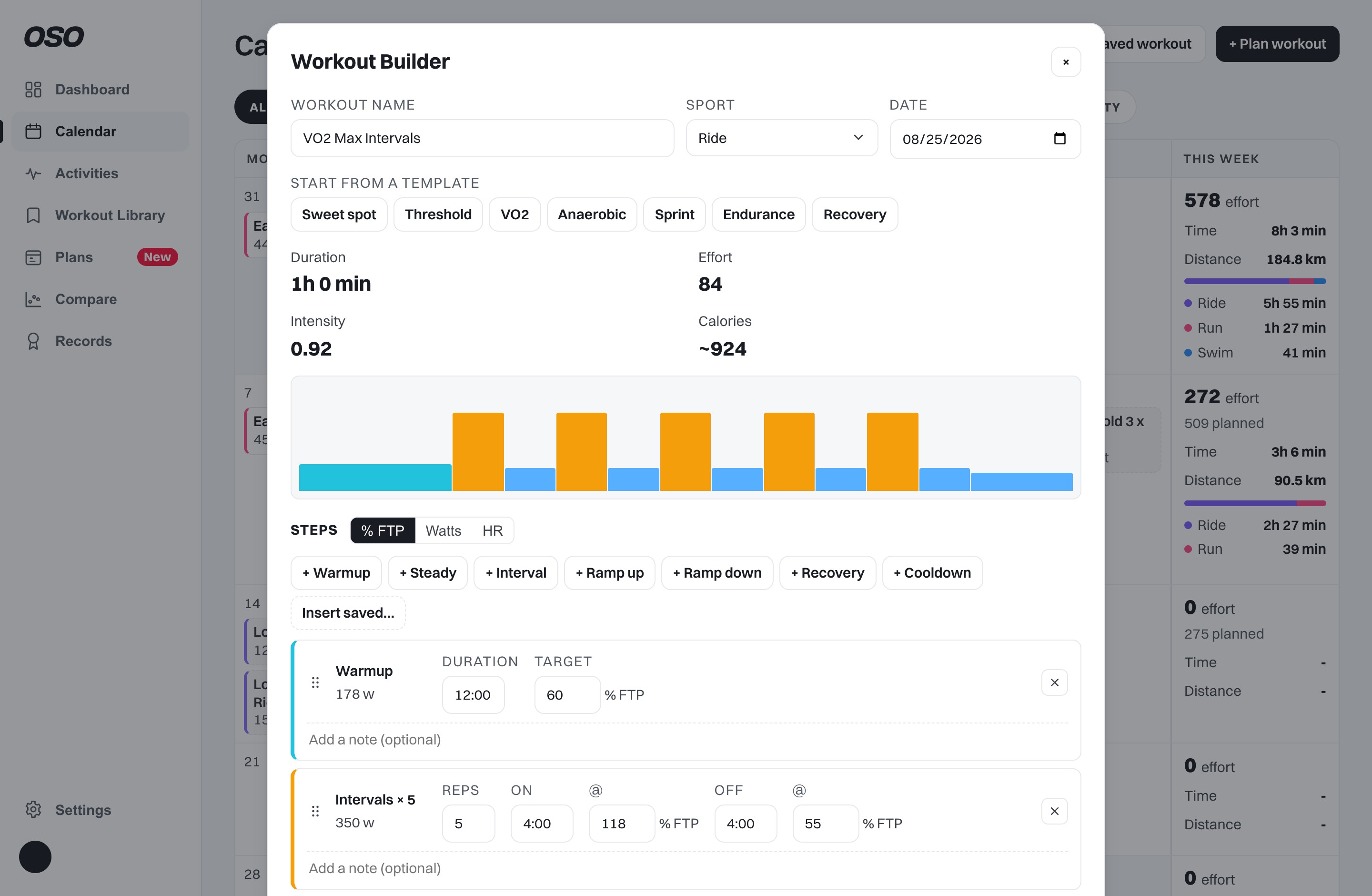 OSO workout builder: structured intervals, ramps, targets from your own zones, templates, notes and a saved-block library